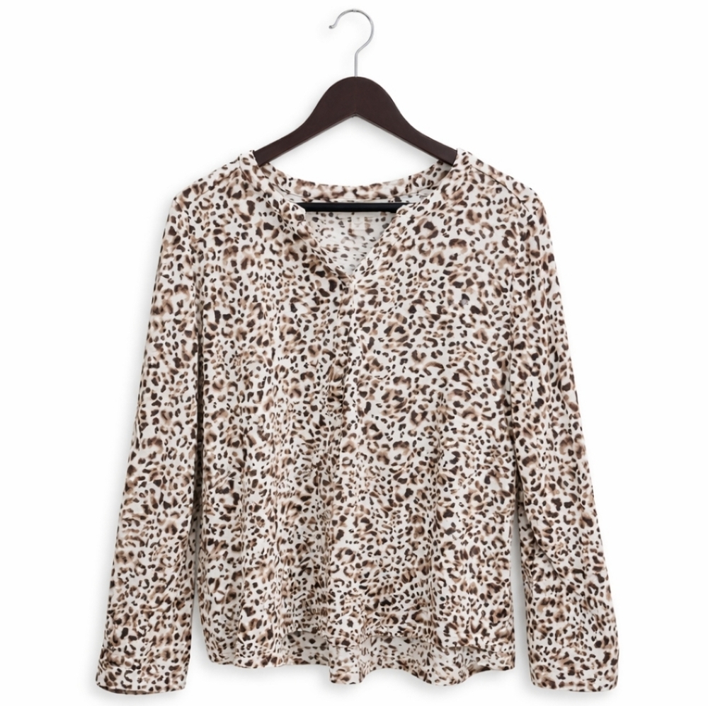 Style & Co Brown & Cream Neutral Leopard Print V-neck Cotton Blouse Plus Sz 1X